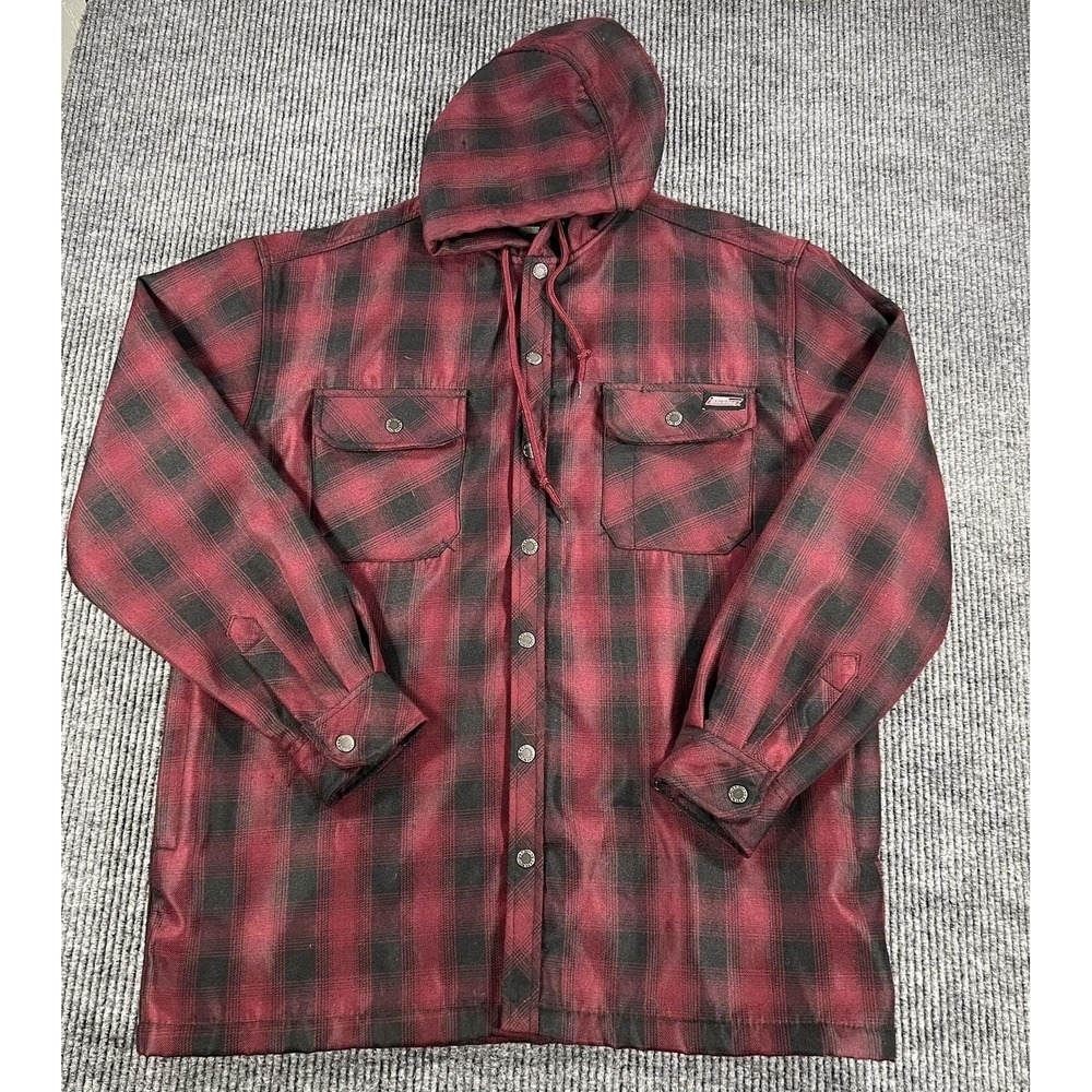 Dickies Jacket Mens Large Red Plaid Flannel Hooded Snap Front Lined Workwear
